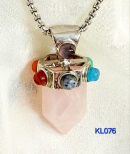Liontin pendulum rose quartz hiasan 7 cakra rantai stainless steel Warna silver