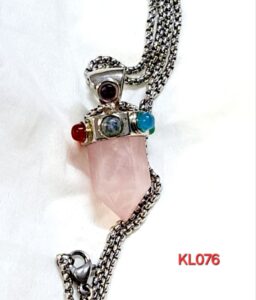 Liontin pendulum rose quartz hiasan 7 cakra rantai stainless steel Warna silver