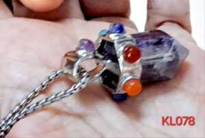 Liontin pendulum amethyst hiasan 7 cakra rantai stainless steel Warna silver