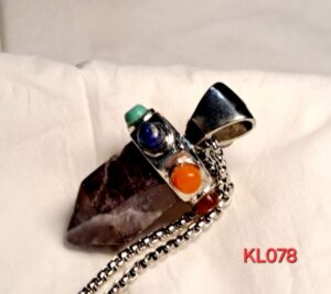 Liontin pendulum amethyst hiasan 7 cakra rantai stainless steel Warna silver