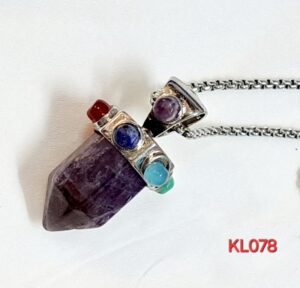 Liontin pendulum amethyst hiasan 7 cakra rantai stainless steel Warna silver