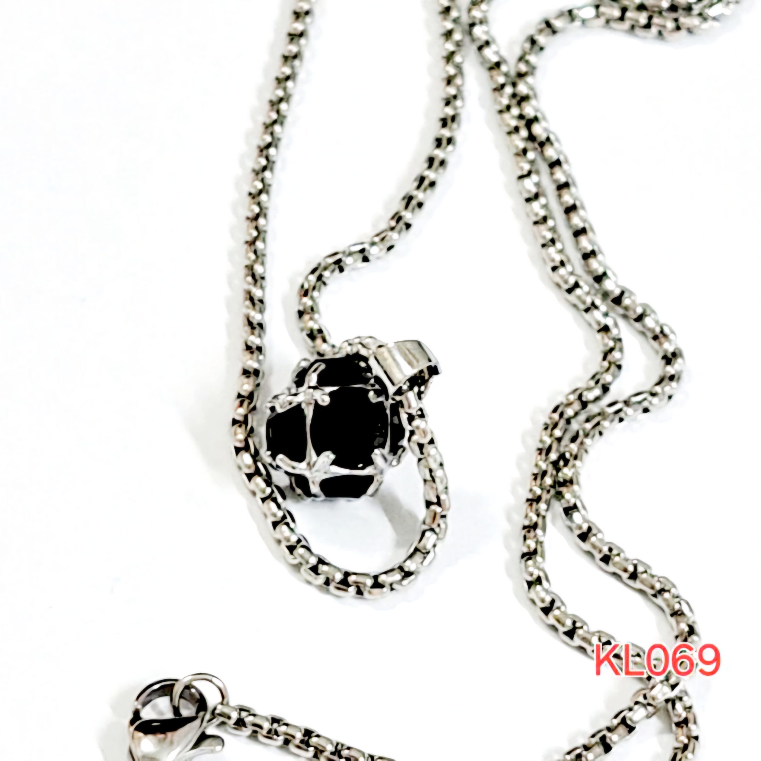 Kalung rantai stainless steel liontin kristal bulat hitam 10 mm