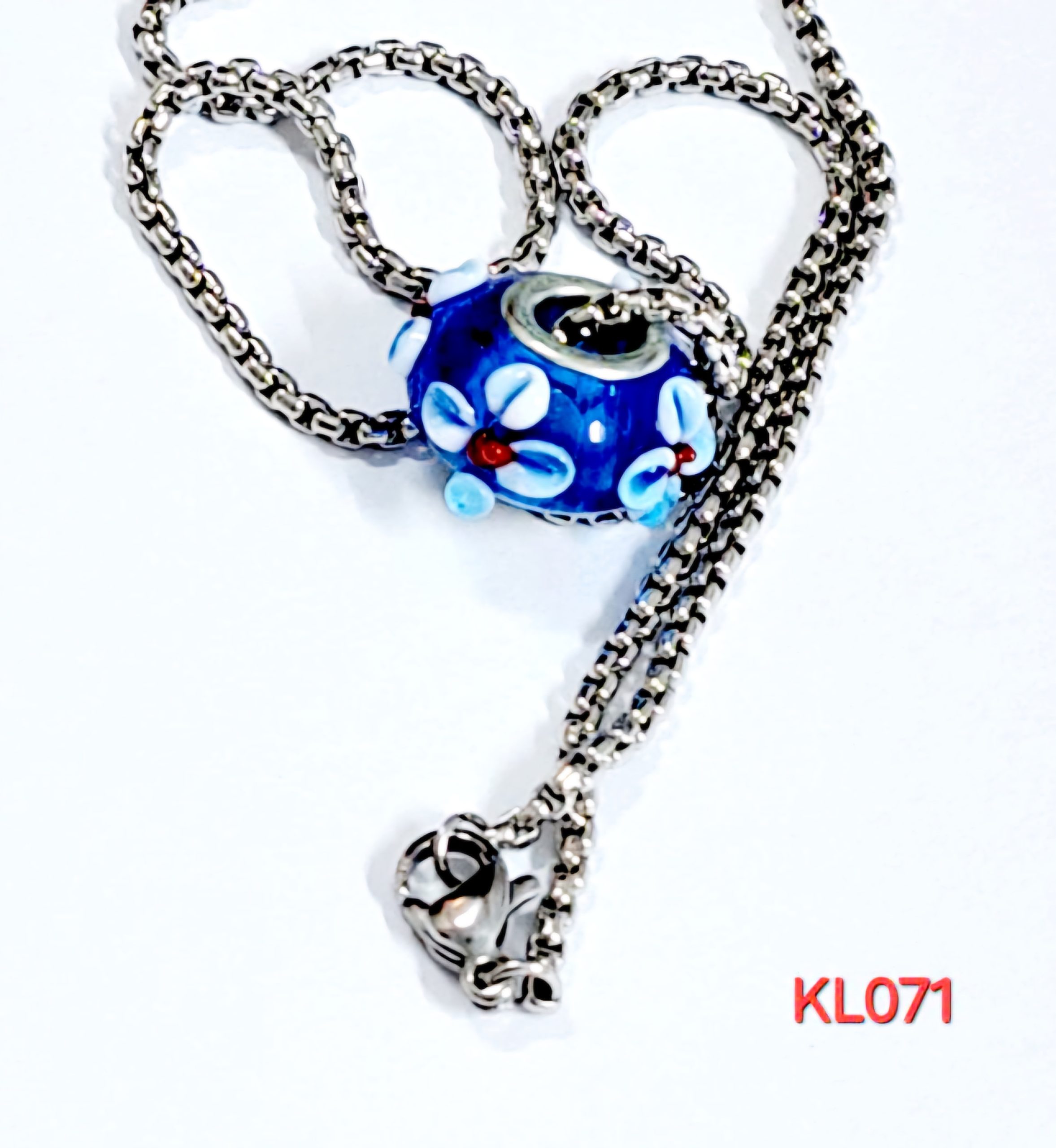 Kalung rantai stainless steel liontin lampwork biru bunga putih-merah